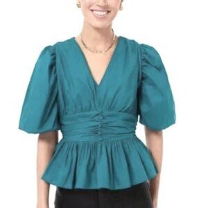 Hyacinth House by Tuckernuck Teal Blue Millie Blouse sz L PO Puff Sleeve Top